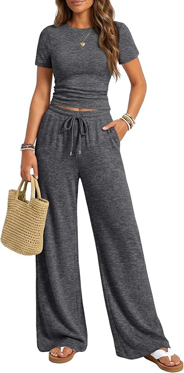 Trendy Queen Womens 2 Piece Lounge Matching Sets Wide Leg Pants Crew Neck Short Sleeve Shirt Swea... | Amazon (US)