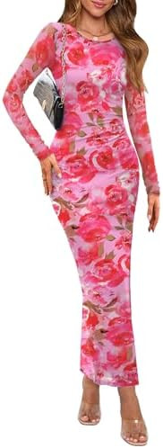 WIHOLL Women's Bodycon Maxi Dress Fall Fashion Long Sleeve Floral Print Tight Fitted Party Club R... | Amazon (US)
