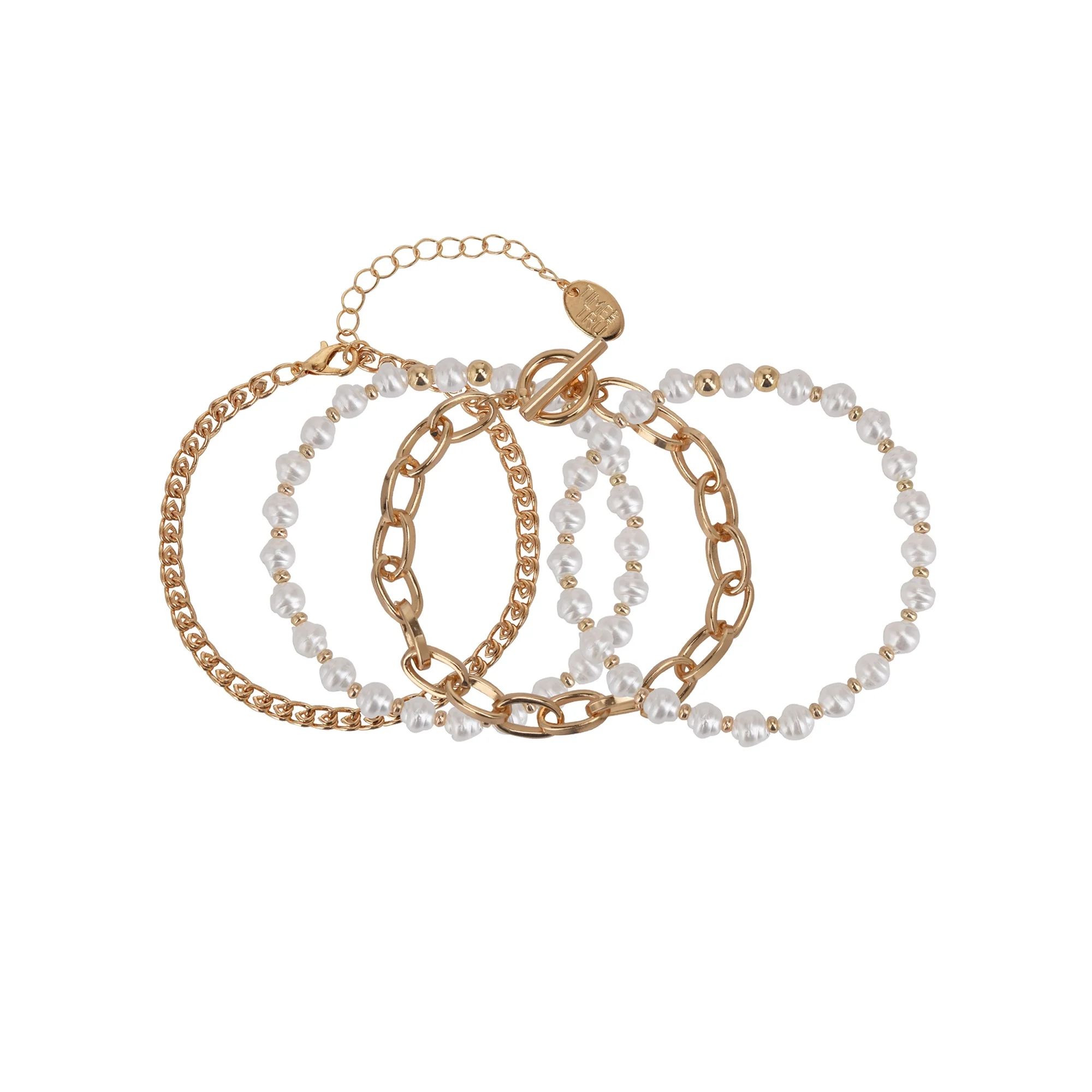 Time and Tru Women's Gold Tone and Faux Pearl Bracelet Set, 4 Piece | Walmart (US)