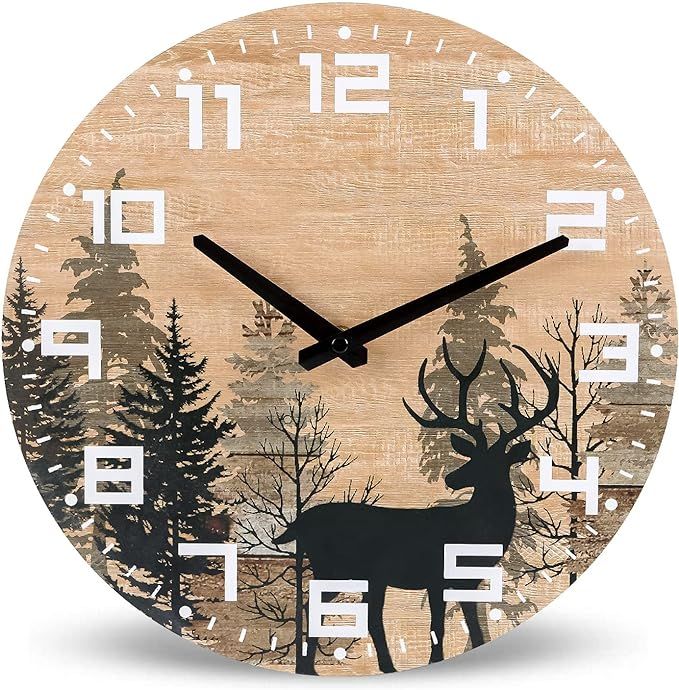 NIKKY HOME Cabin Wood Deer Elk Wall Clock Silent Non Ticking - 12 Inch Battery Operated Rustic Fa... | Amazon (US)
