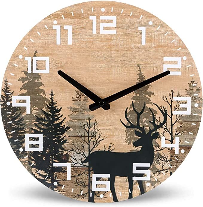 NIKKY HOME Cabin Wood Deer Elk Wall Clock Silent Non Ticking - 12 Inch Battery Operated Rustic Fa... | Amazon (US)