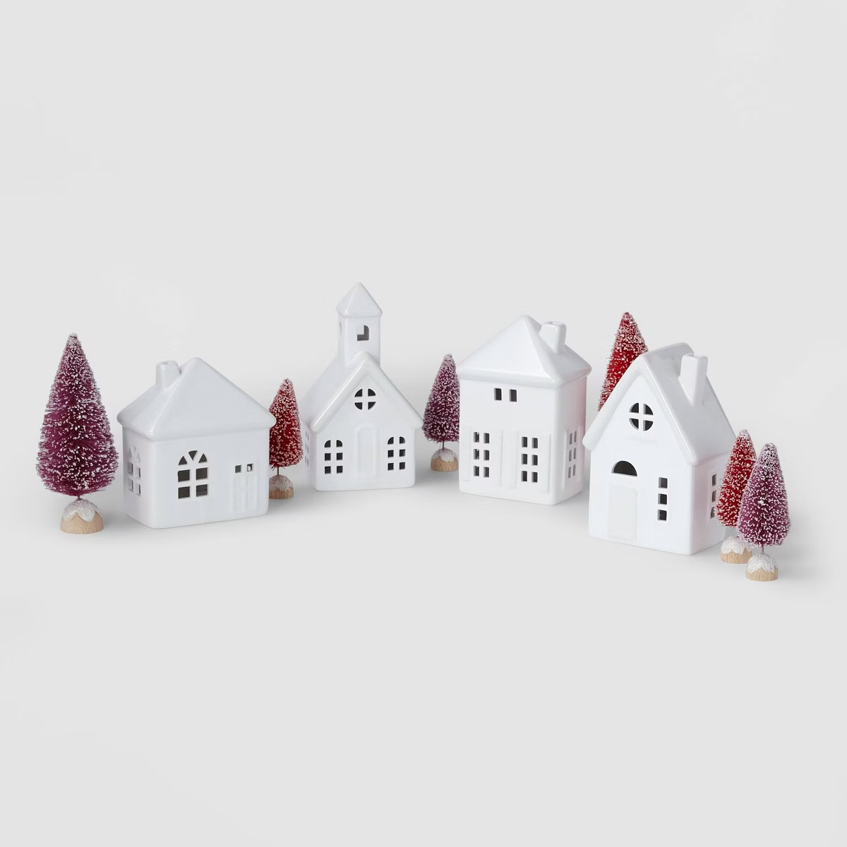 10pc Battery Operated Decorative Ceramic Christmas Village Kit White with Blush Trees - Wondersho... | Target