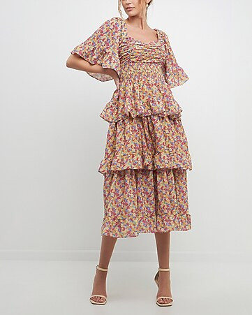 Free The Roses Floral Smocked Tiered Midi Dress | Express