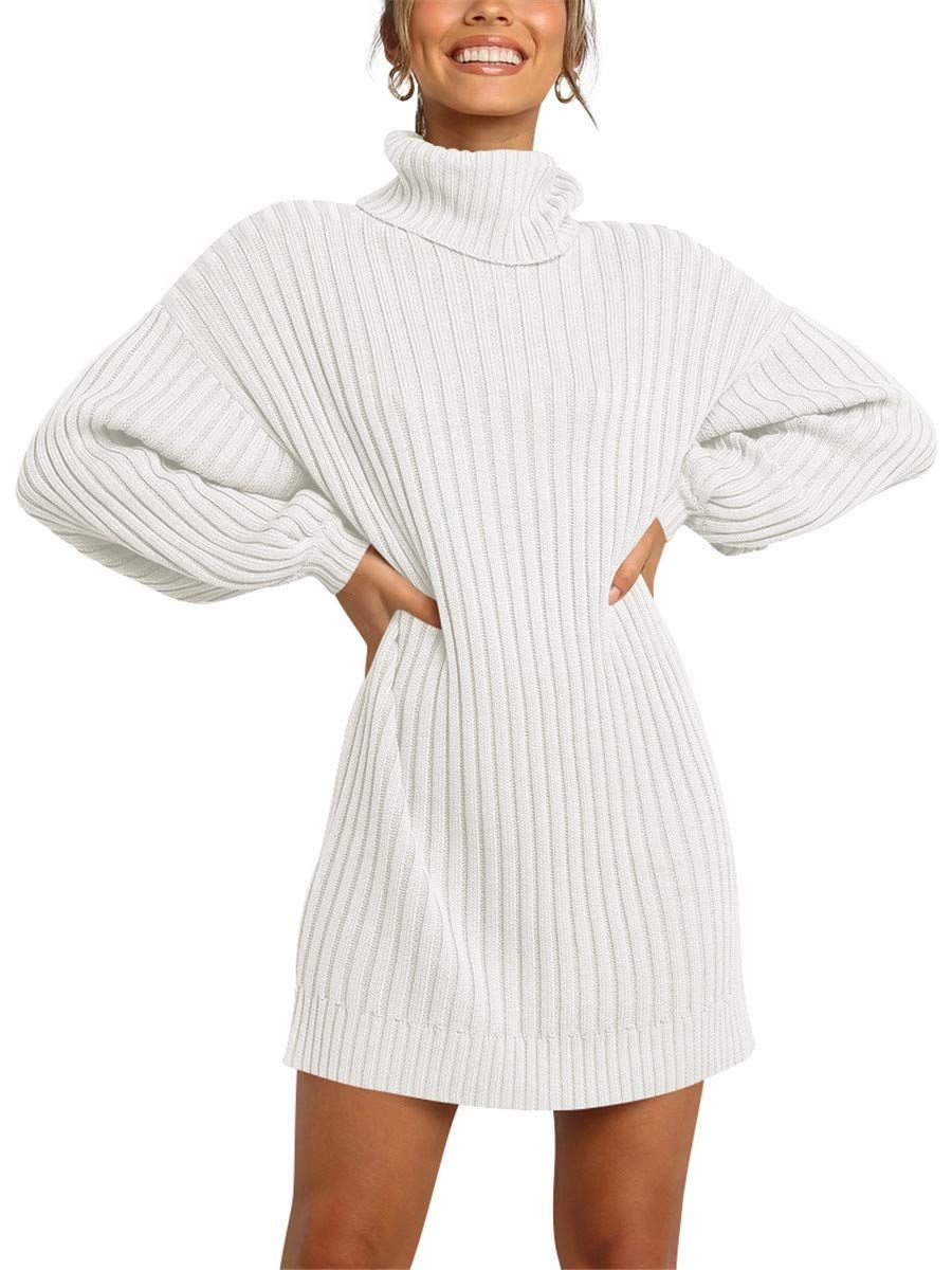 Women Turtleneck Long Lantern Sleeve Casual Loose Oversized Sweater Dress Soft Winter Pullover Dress | Amazon (US)