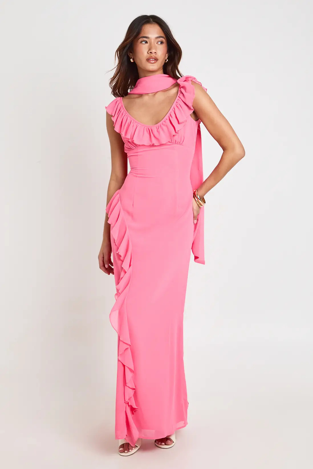 Pink Ruffle Detail Maxi Dress With Scarf | Boohoo | Boohoo.com (UK & IE)