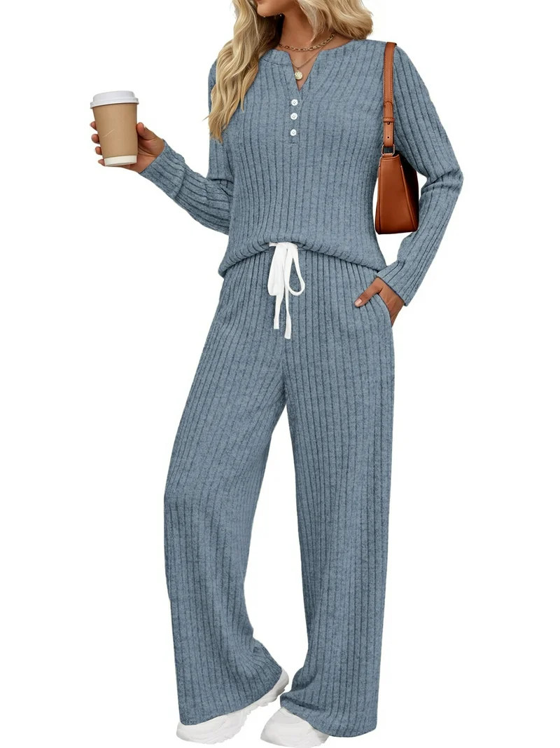 Fantaslook Two Piece Lounge Sets for Women Fall Travel Outfits Henley Neck Sweater tops Wide Leg ... | Walmart (US)