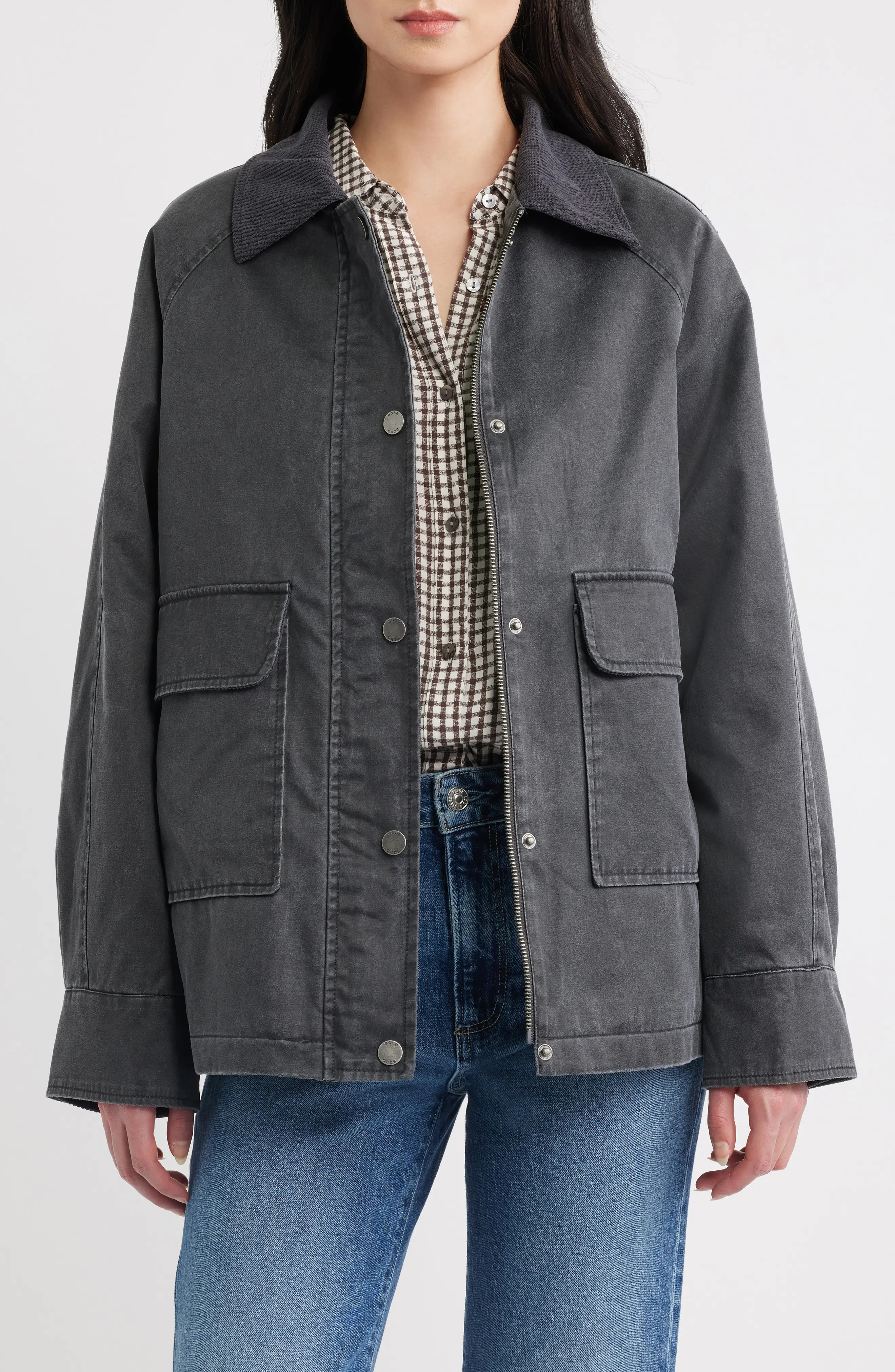 bcbg Corduroy Collar Cotton Barn Jacket in Gunmetal at Nordstrom, Size X-Large | Nordstrom