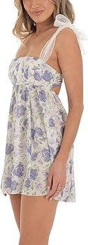 Women Floral Chiffon Mini Dress Y2K Shoulder Tie Up Backless Square Collar A-Line Short Bodycon D... | Amazon (US)