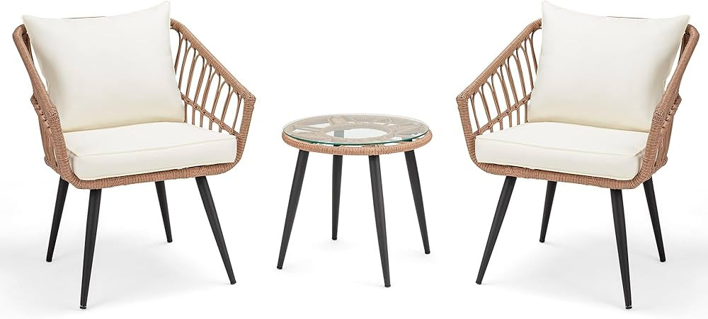 ECOTOUGE 3 Pieces Wicker Patio Bistro Set, Patio Rattan Dining Set with Glass Top Table and Cushi... | Amazon (US)