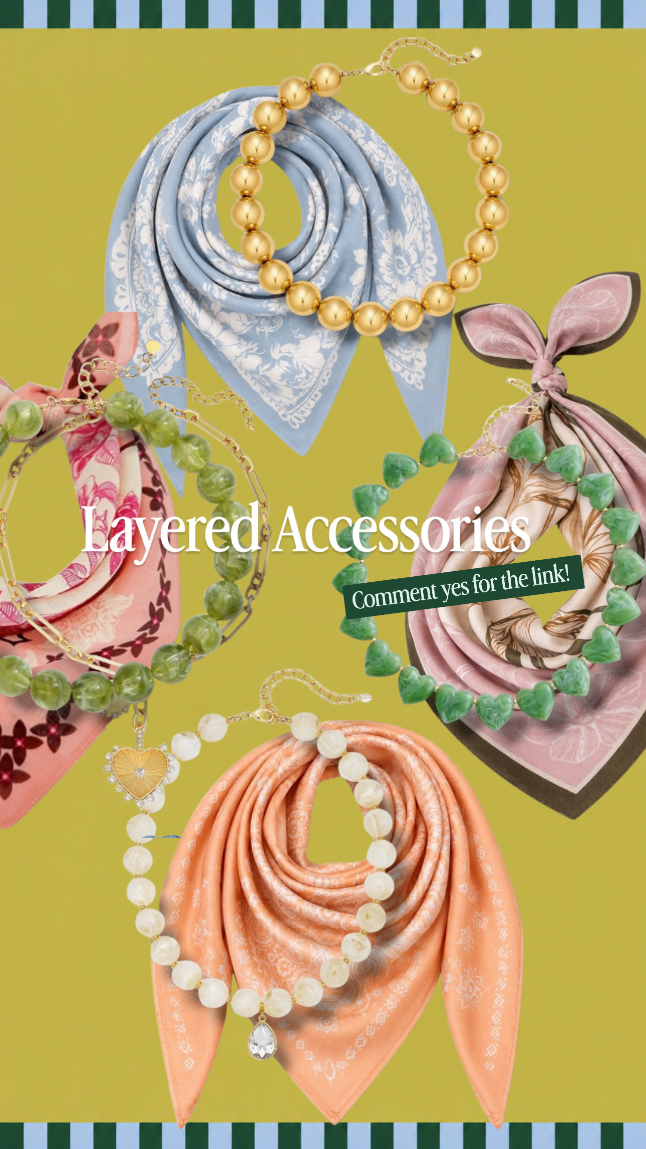 Layered accessory ideas for adding color and texture to any outfit! Pair a printed bandana scarf with a chunky beaded necklace for an easy statement look. #LTKstyletip #LTKSeasonal #LTKunder50 

 