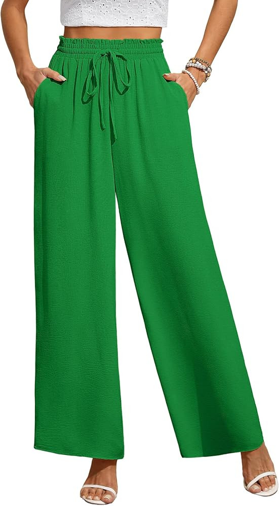 CZYINXIAN Women's Casual Wide Leg Pants Flowy Adjustable Tie Knot Elastic Waist Pants with Pocket... | Amazon (US)