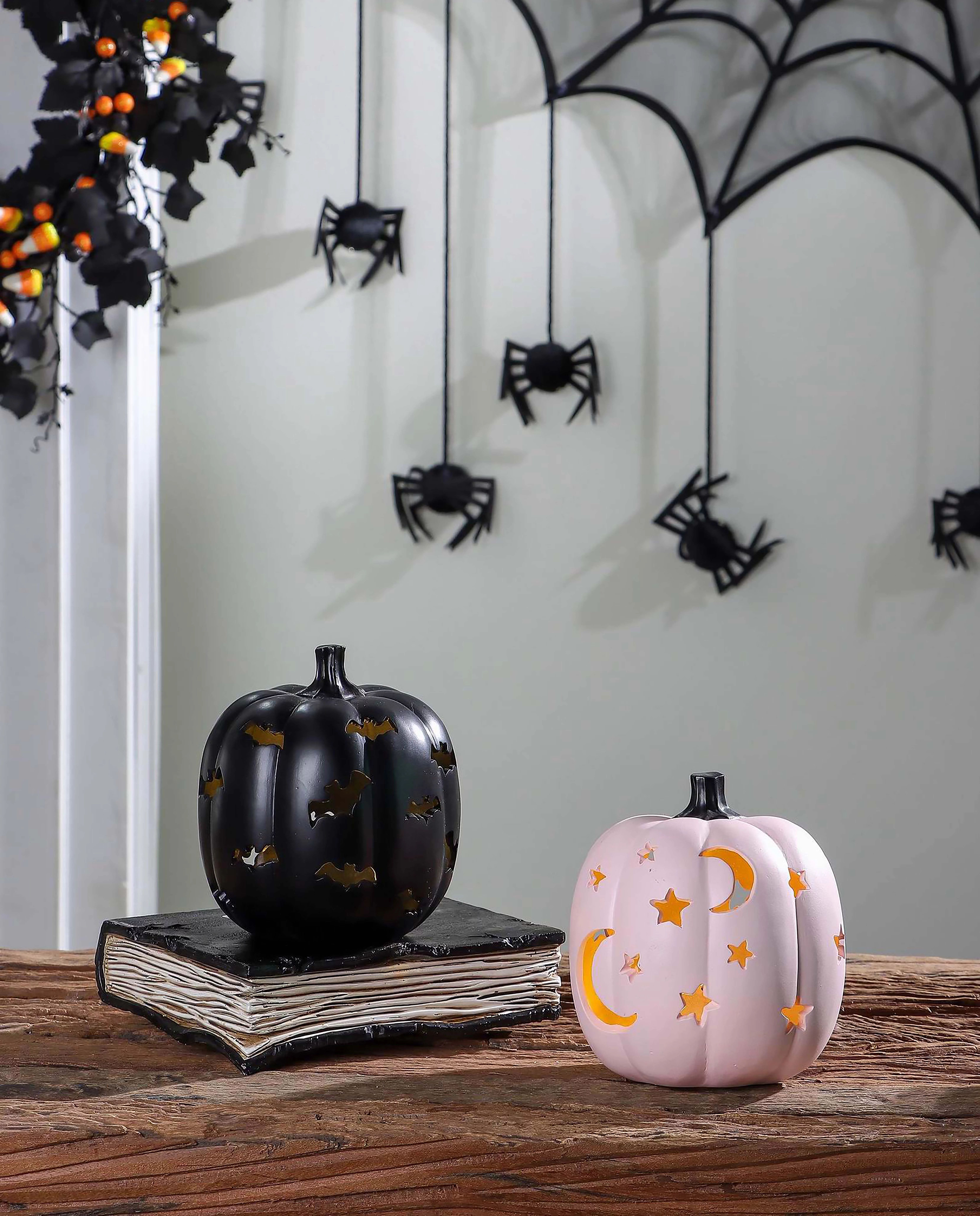 Way to Celebrate 2-Count Halloween LED-Light Black & Pink Resin Pumpkin | Walmart (US)