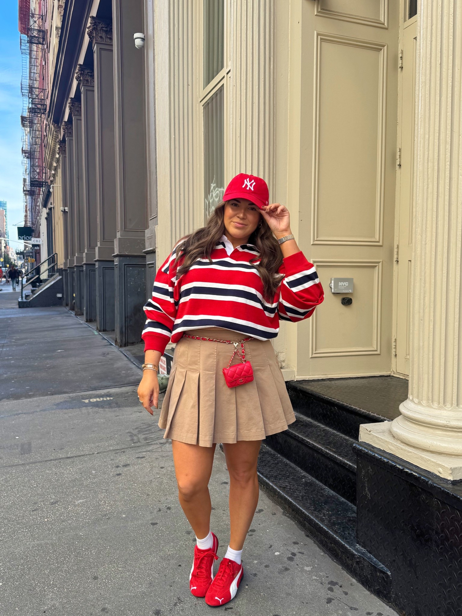 curvy midsize fall red rugby striped preppy look! wearing size xl in top and 12 in skirt. what i wore today in NYC for walking around! 

#LTKSeasonal #LTKTravel #LTKMidsize
