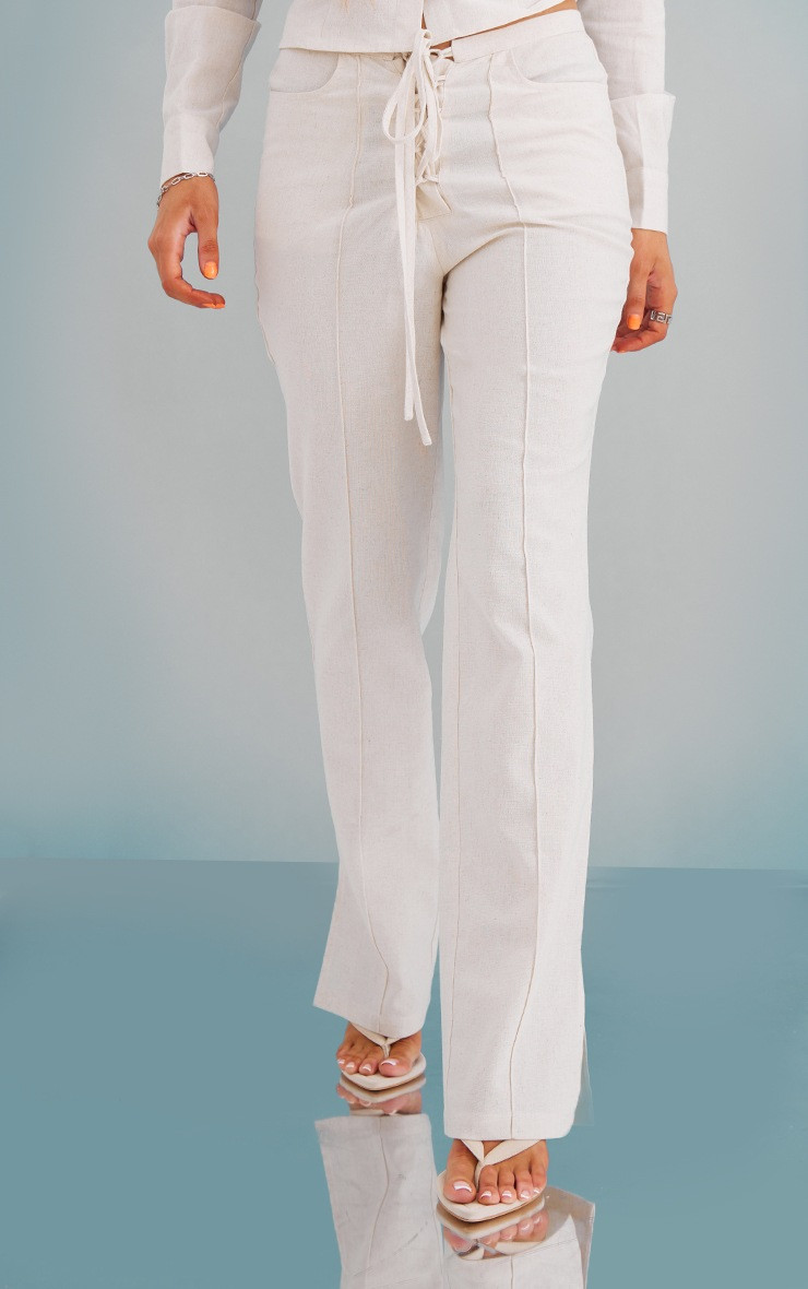 Stone Linen Lace Up Front Tailored Pintuck Flared Trousers | PrettyLittleThing UK