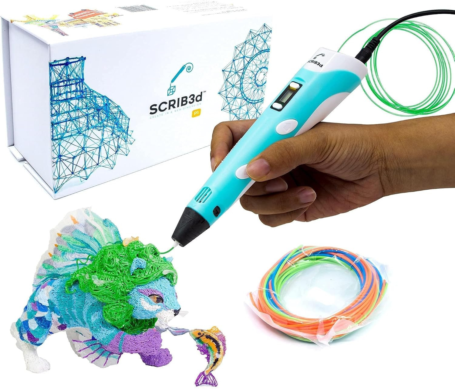 SCRIB3D P1 3D Printing Pen with Display - Includes 3D Pen, 3 Starter Colors of PLA Filament, Stencil Book + Project Guide, and Charger | Amazon (US)