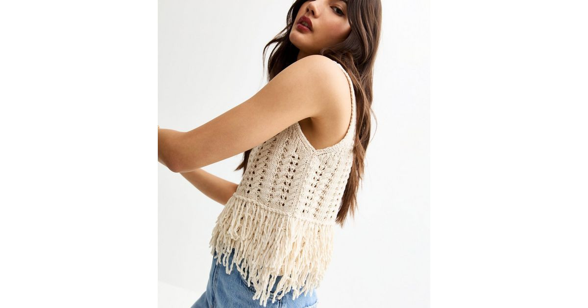 Cream Open Knit Fringe Trim Sleeveless Vest | New Look | New Look (UK)