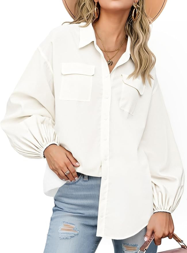 Cicy Bell Womens Oversized Button Down Shirts Puff Long Sleeve Collared V Neck Cotton Blouses Lin... | Amazon (US)