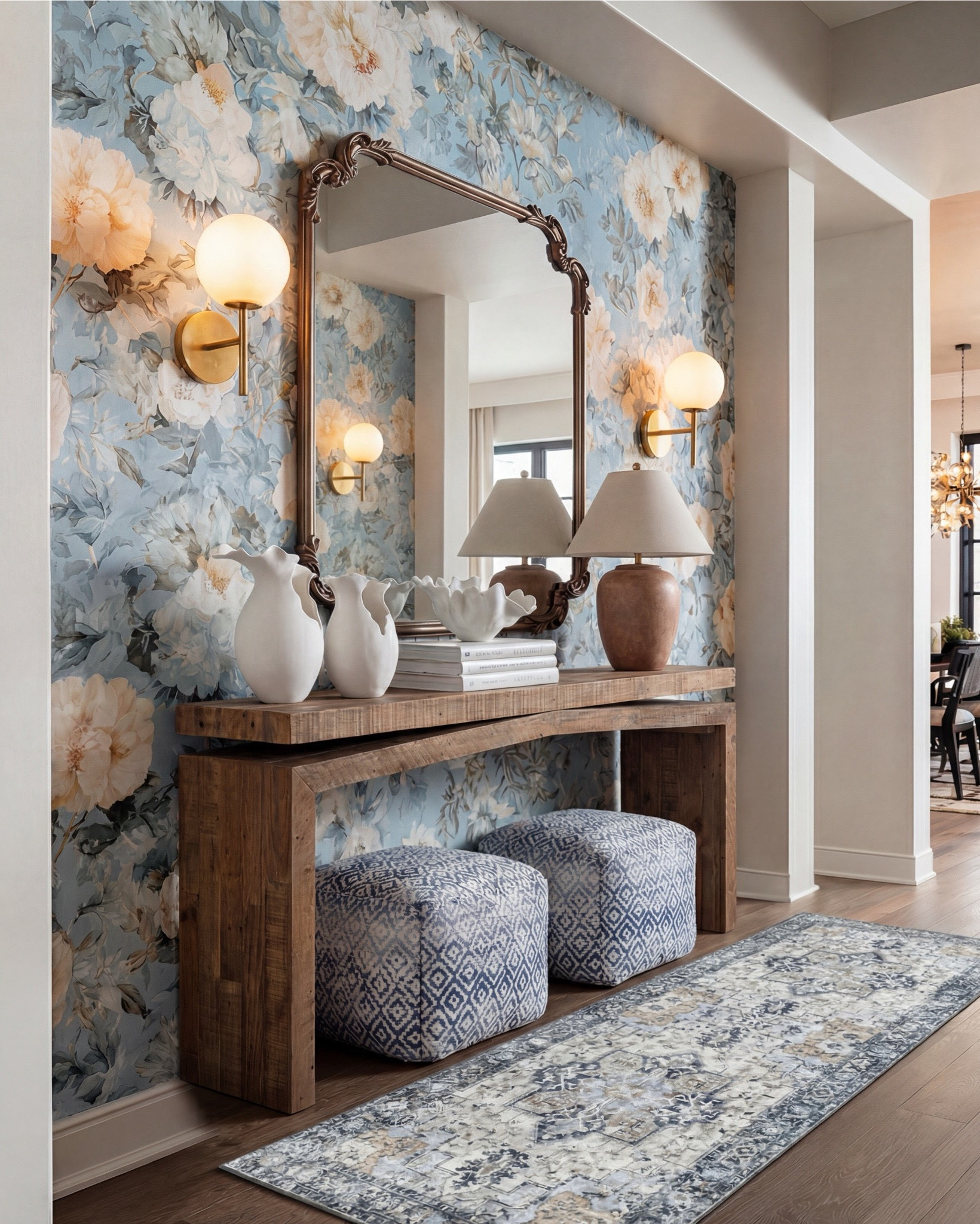Bright, inviting, and beautifully styled — this foyer mixes rustic wood textures with soft blue floral tones for a welcoming, elevated entry moment. The reclaimed wood console brings warmth and depth, while the oversized carved mirror adds a touch of classic elegance. Blue patterned ottomans pull in the wallpaper’s tones, and layered ceramic vases create that effortless, collected look. Finished with brass globe sconces and a vintage-inspired runner, this space feels fresh, polished, and full of personality.

Shop the Look:
• Reclaimed wood waterfall console table
• Blue & cream floral wallpaper with watercolor undertones
• Carved antique-style bronze mirror
• Brass globe wall sconces
• Blue geometric patterned ottomans
• Vintage-wash blue and ivory runner
• Sculptural white ceramic vases
• Textured terracotta table lamp
• Neutral hardcover styling books
• Large white ceramic shell bowl

#LTKsale #LTKhome #LTKstyletip