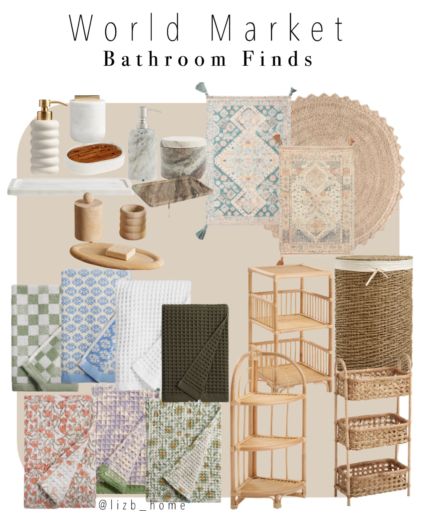 World market bathroom essentials. Bathroom rugs. Round bathroom rug. Soap dispensers. Marble canisters. Bathroom towels. Waffle knit towels. Basket hampers. Shelves for bathrooms. 

#LTKHome #LTKSaleAlert #LTKGiftGuide