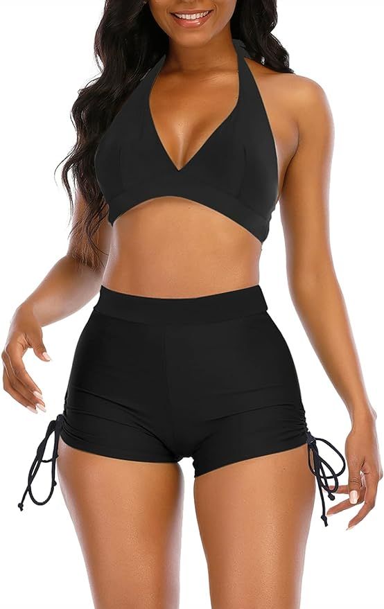 Womens High Waisted Swimsuits with Boy Shorts Brazilian Triangle Top Stripes Halter Bikini Two Pi... | Amazon (US)