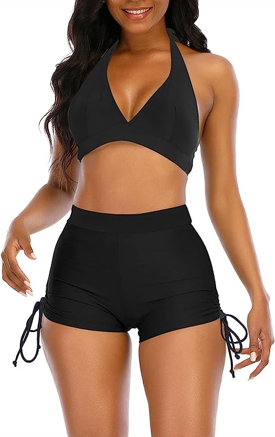 Womens High Waisted Swimsuits with Boy Shorts Brazilian Triangle Top Stripes Halter Bikini Two Pi... | Amazon (US)