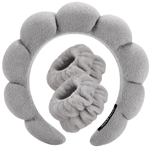 Spa Headbands for Washing Face Wristband Set Sponge Makeup Skincare Headband Wrist Towels Bubble Soft Terry Towel Cloth Hairband for Women Puffy Headwear Non Slip Thick Thin Hair Headwear (Dark gray) | Amazon (US)