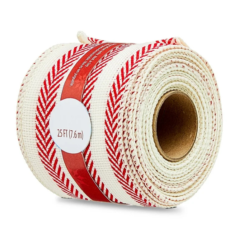 Baseball Stitch Christmas Ribbon, Red and White, 2.5" x 25', by Holiday Time | Walmart (US)