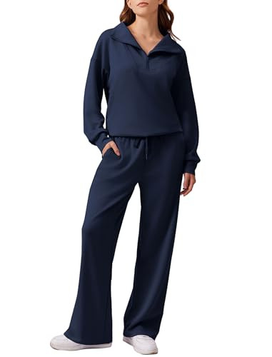 PINSPARK Sweat Suit for Women 2 Piece Set Oversized Half Zip Sweatshirt Wide Leg Sweatpants Lounge Set Tracksuit, Navy Blue M | Amazon (US)