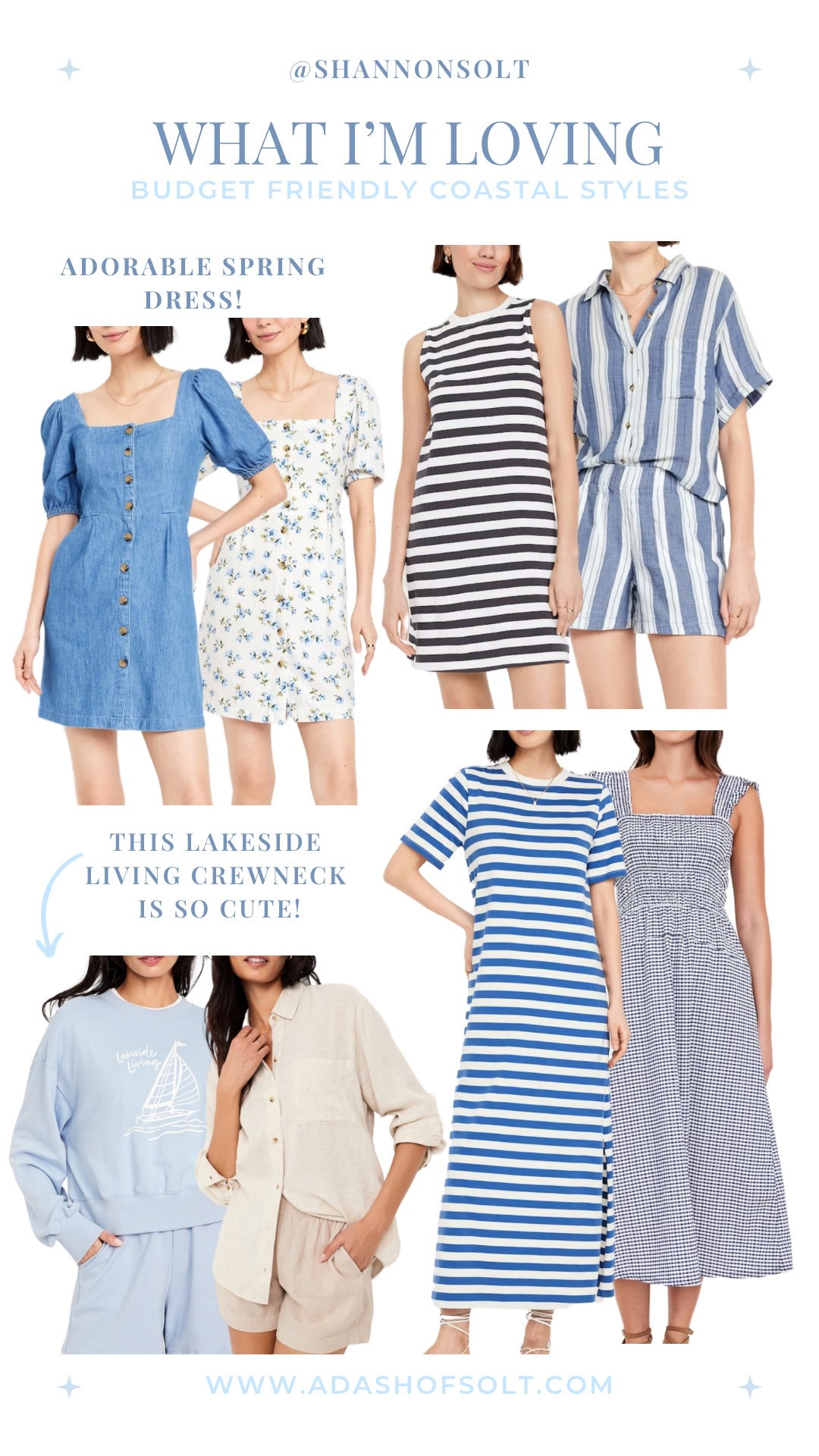 Some budget friendly coastal styles for spring and summer from Old Navy! 

Coastal style, blue and white style, striped dress, floral dress, chambray dress, crewneck sweatshirt, lake outfit, beach outfit, beach style, coastal grandmother style, coastal granddaughter style, gingham dress, spring style 

#LTKSeasonal #LTKStyleTip #LTKFindsUnder100