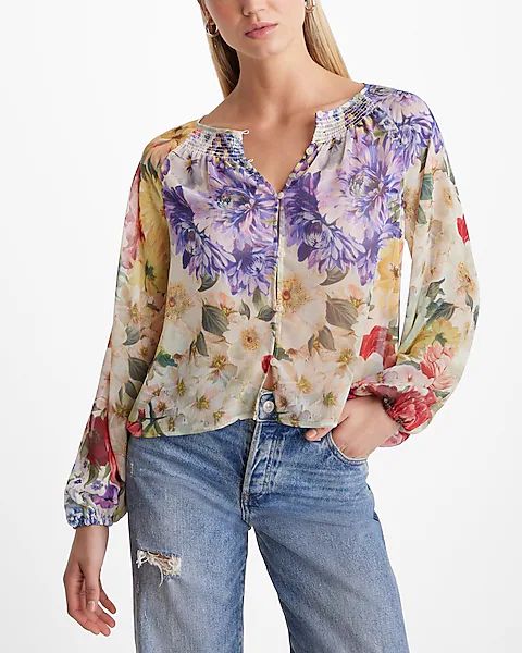 Floral Sheer Smocked Balloon Sleeve Button Up Shirt | Express