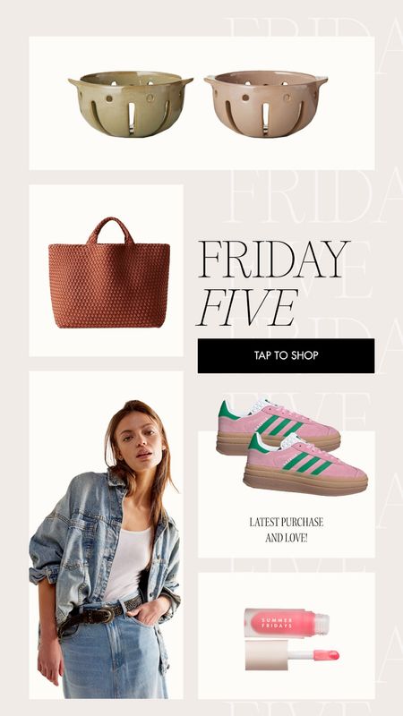 Todays Friday 5 ⭐️ another good one with some new faves of mine!! Summer Fridays lip oil arrives Monday and I can’t wait to try it 😍 & these gazelle’s are the cutest for spring / summer 🩷💚

Friday five, free people, naghedi NYC, woven tote, adidas gazelle, pink and red, target home, lip oils 

#LTKhome #LTKshoecrush #LTKfindsunder50