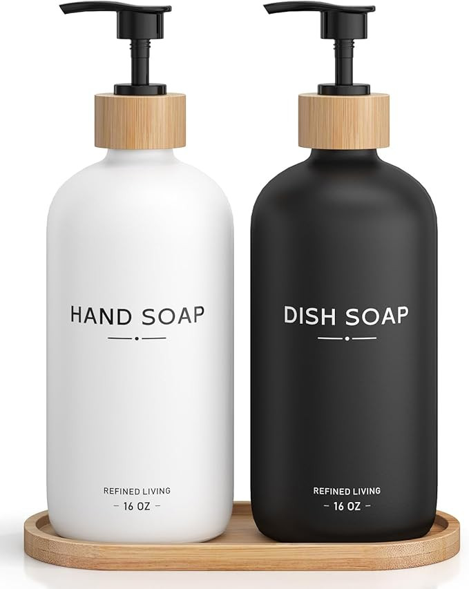 Hand and Dish Soap Dispenser Set,16oz Glass Bottles with Bamboo Pumps & Tray,Countertop Soap Disp... | Amazon (US)