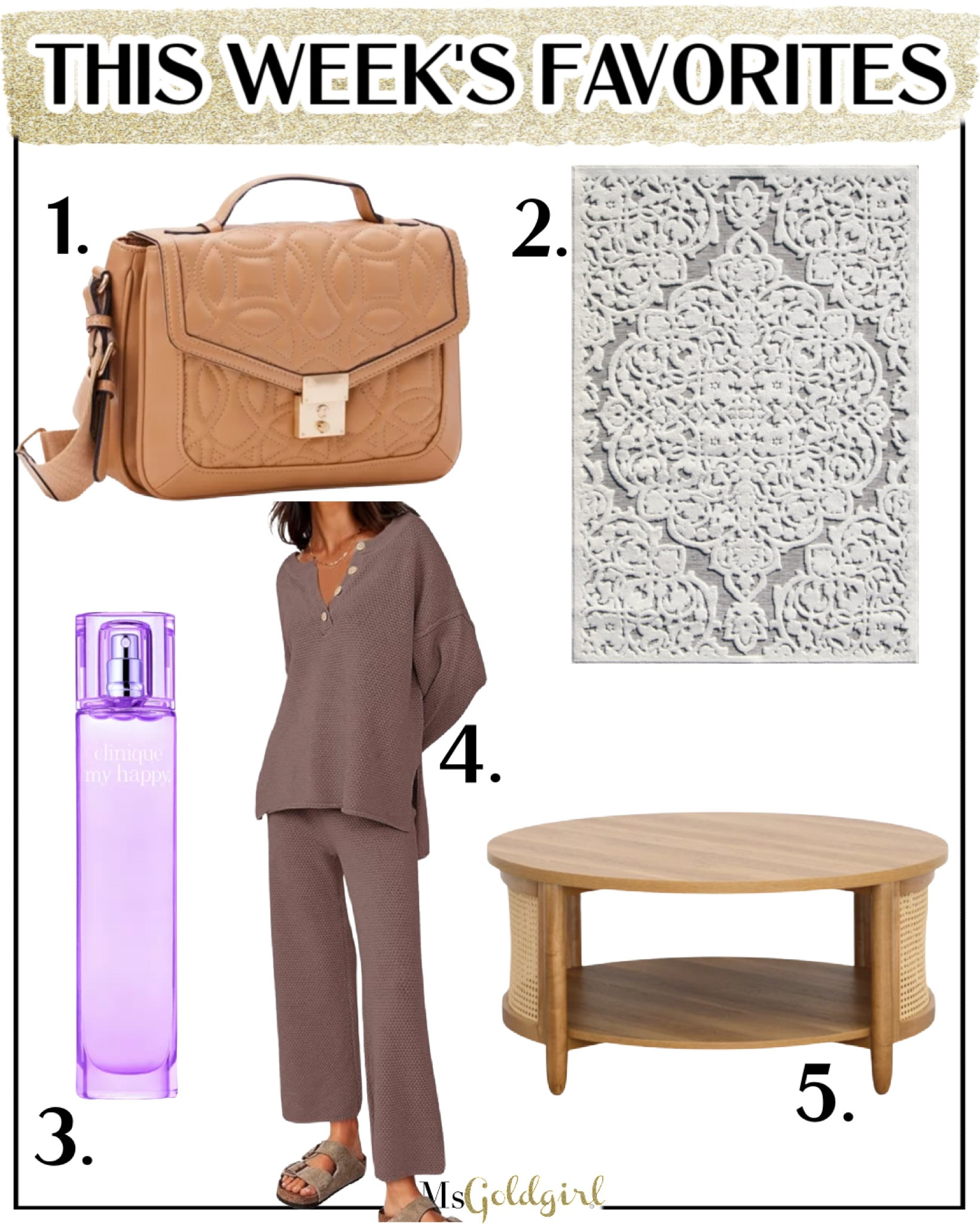 Friday Faves for Sept. 23, 2023
1. This Louis Vuitton inspired bag comes in several other color options but this quilted tan is my favorite. Such a great bag!
2. I put this indoor/outdoor rug in my foyer and it looks so good! Comes in sizes all the way up to 9x13 and feels so thick and plush!
3. This fragrance is the perfect transition into fall. It’s warm and sweet but not too overpowering.
4. Love this super soft waffle knit loungewear set for WFH days or travel. Runs TTS-wearing small.
5. We added this coffee table to our family room-it does require assembly but it’s SO solid and looks really expensive in person! Also comes in black.

#livingroom #familyroom #coffeetable #homedecor #loungwear #traveloutfit #fallfragrance #louisvuittonlookalike #handbagaddict #fashionover40 #fashionover50 

#LTKfindsunder50 #LTKitbag #LTKhome