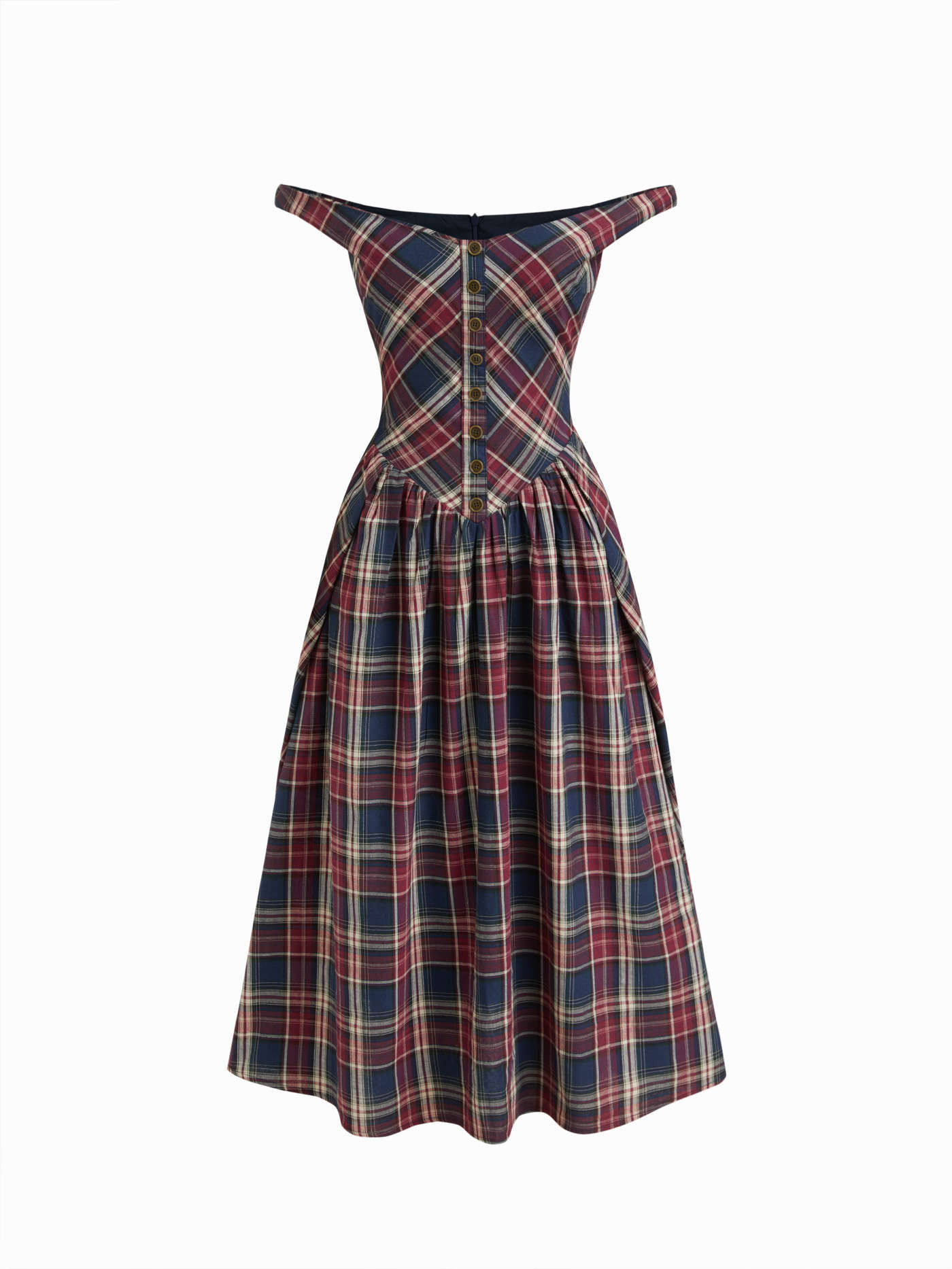 Woven Cotton Plaid Off-shoulder Button Front Ruffle Midi Dress For Daily Casual Holiday | Cider