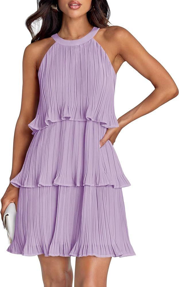ZESICA Women's 2024 Summer Halter Dresses Sleeveless Ruffle Tiered Layered Chiffon Pleated A Line... | Amazon (US)