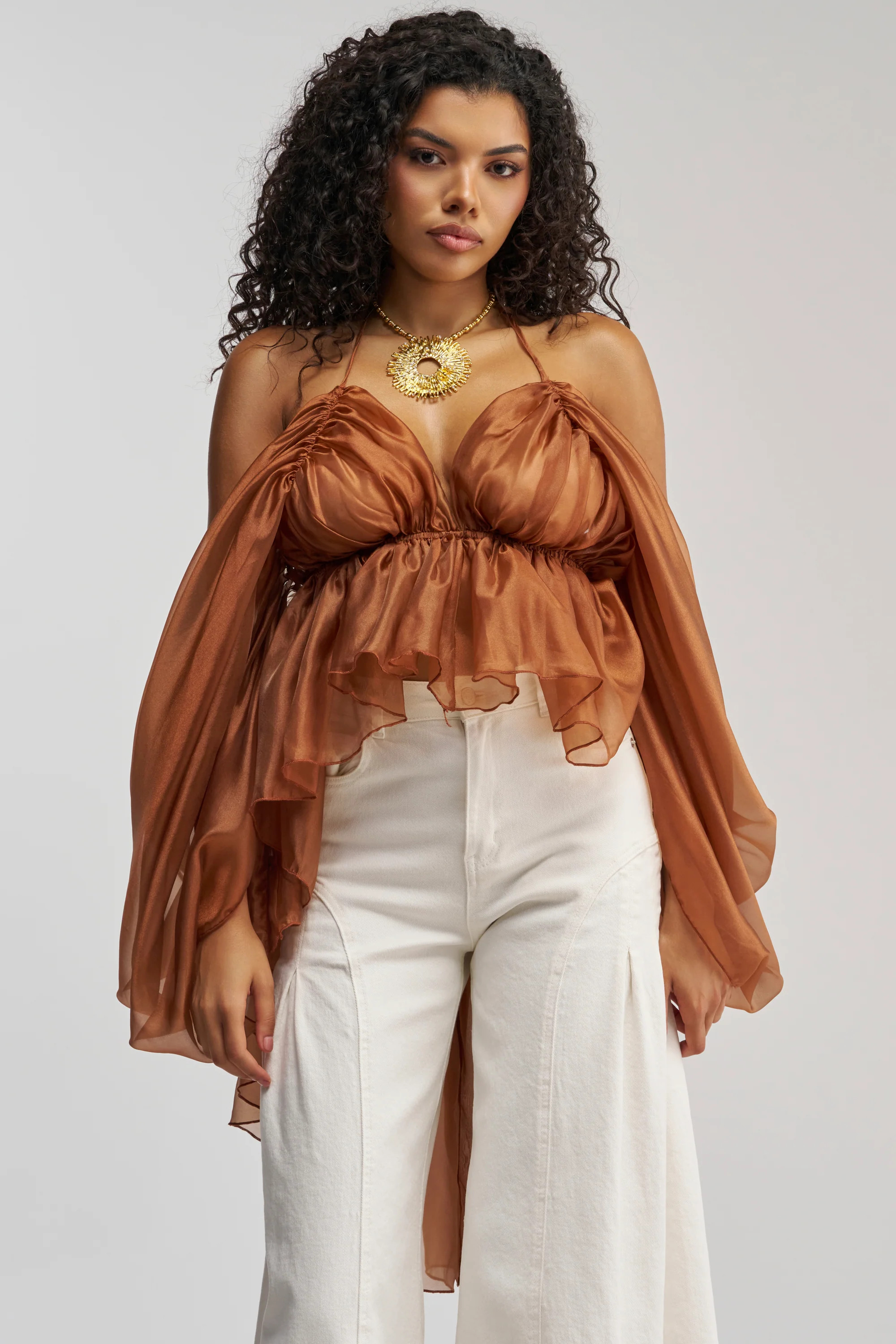 Chiffon Halter Blouse with Open Back, Ruffles | AKIRA | AKIRA