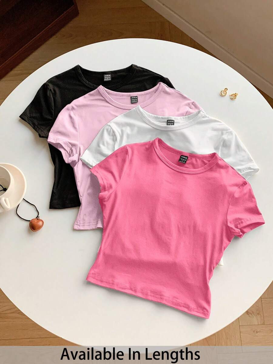 SHEIN Tall CURVE Plus Size 4-Piece Solid Color Cropped Round Neck Short Sleeve Fitted Women T-Shi... | SHEIN