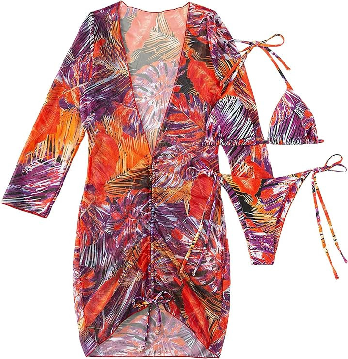 SOLY HUX Women's Printed Triangle Halter Bikini Bathing Suit with Cover Up 3 Piece Swimsuits | Amazon (US)