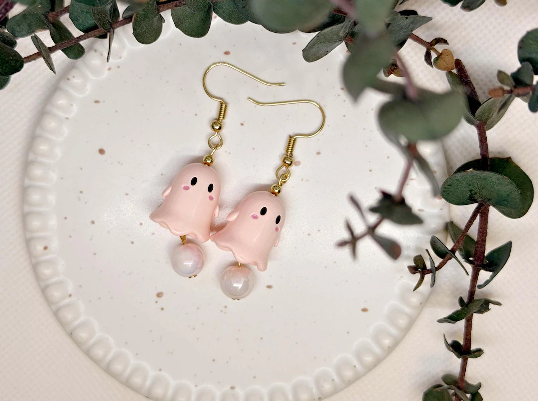 Pink Ghost Earrings Cute Kawaii Ghost Dangle Jewelry 18k Gold Plated Halloween Earrings Spooky Dr... | Etsy (US)
