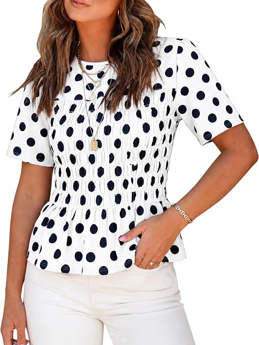Watashi Women Polka Dot Smocked Peplum Blouse Short Sleeve Summer Tops | Amazon (US)