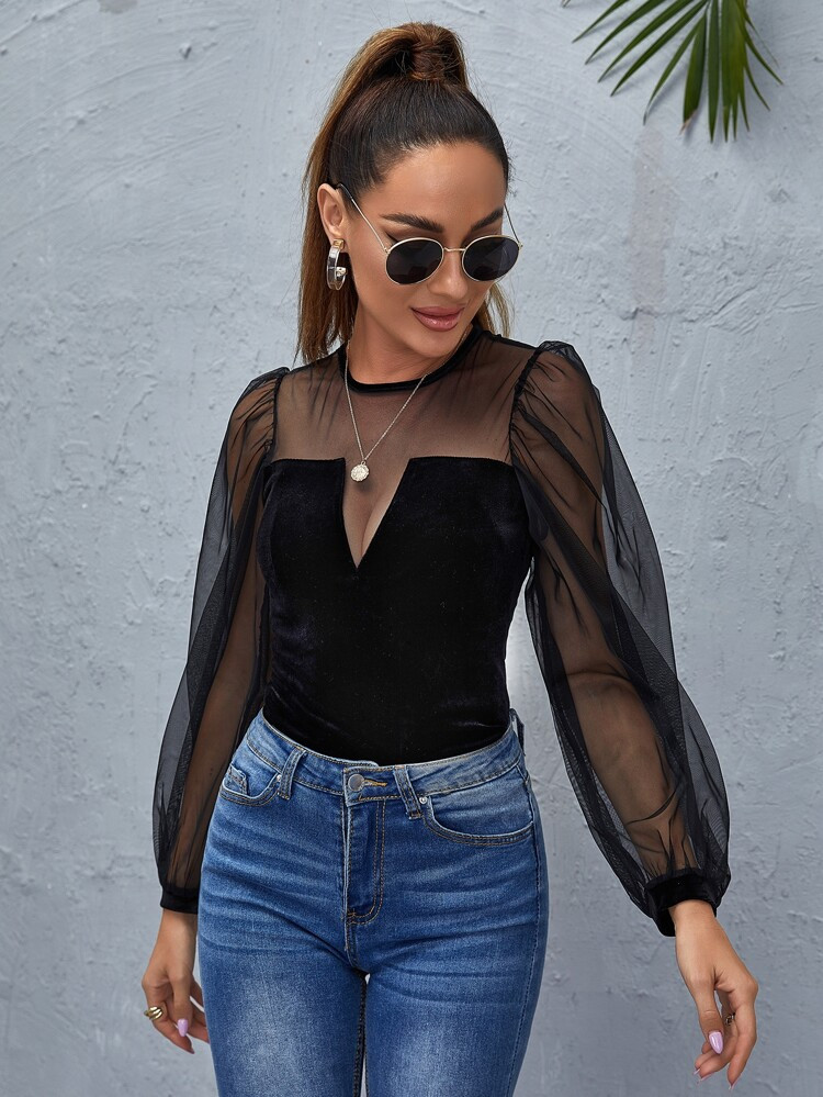 Keyhole Back Mesh Lantern Sleeve Top | SHEIN