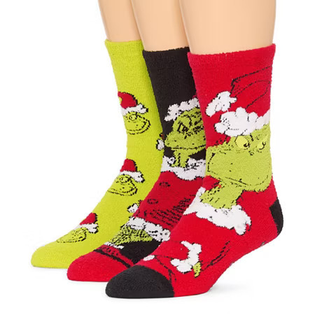 Cozy Unisex Adult 3 Pair Grinch Crew Socks, 5-9, Green | JCPenney
