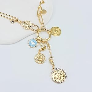 Gold Charm Necklace for Women, Detachable Women's Evil Eye Paperclip Charm Necklace, Gold Coin Ne... | Amazon (US)