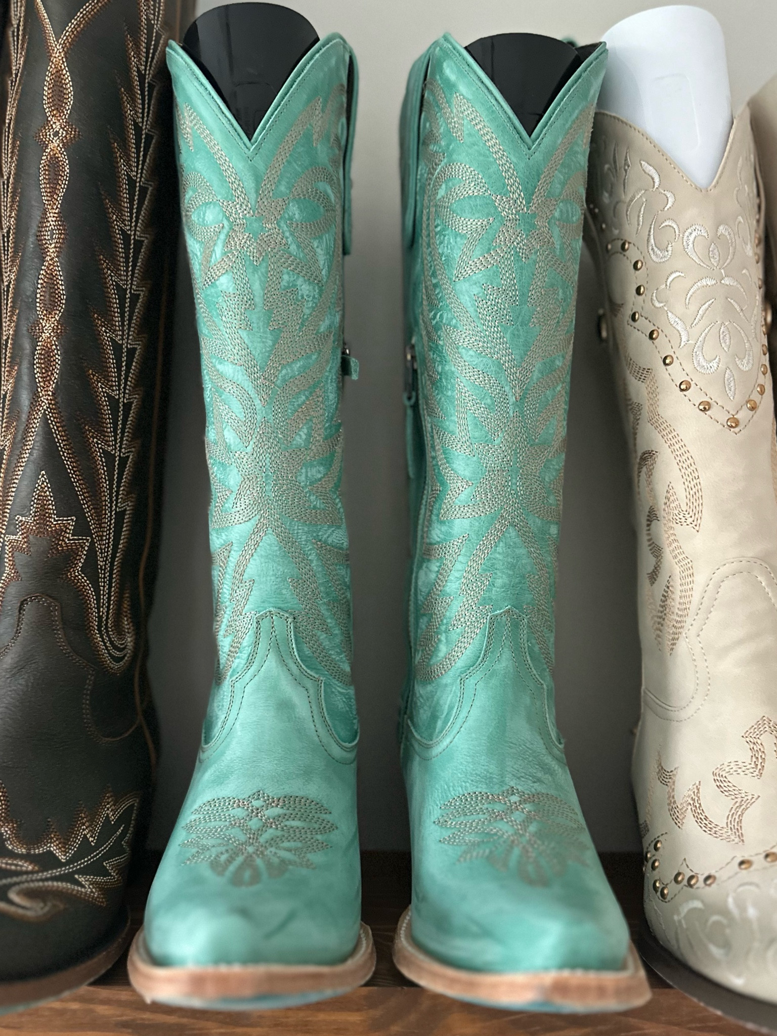 Absolute favorite pair of boots. These are the smokeshow so they have a 15” shaft, but they also make the Lexington which is the same color but in a shorter shaft (I believe 13”)