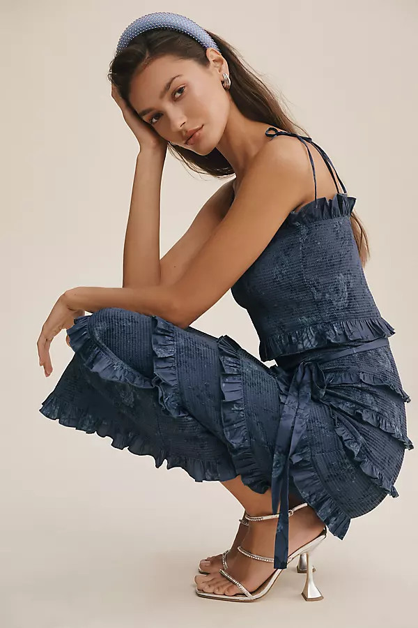 V. Chapman Lily Ruched & Ruffled Stretch Satin Midi Dress | Anthropologie (US)