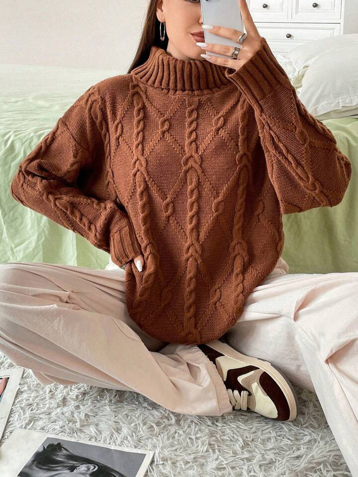 Plus Turtleneck Cable Knit Drop Shoulder Sweater | SHEIN