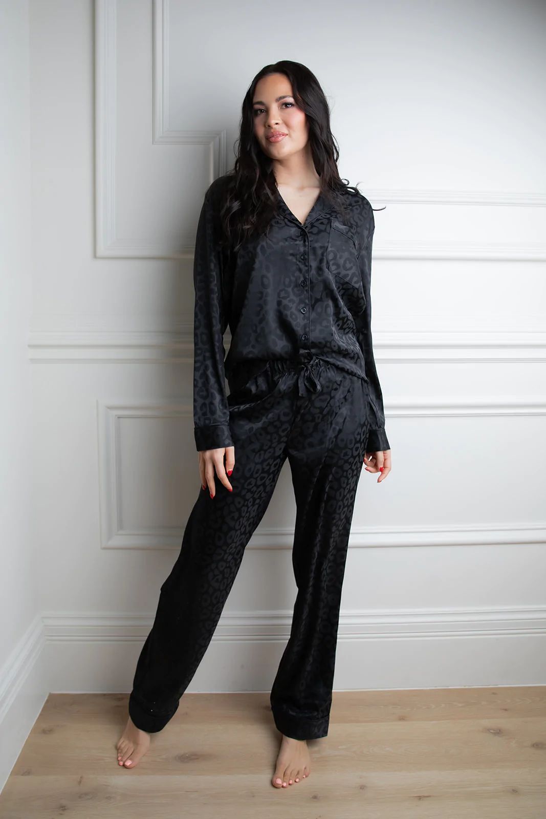Satin Jacquard Cheetah Long Sleeve Pajama Set - Black | Rachel Parcell