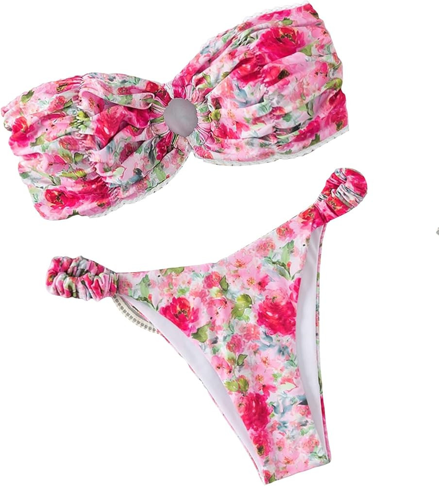 SHENHE Women's Floral Print O Ring Bandeau Bikini Bathing Suit 2 Piece Swimsuits | Amazon (US)