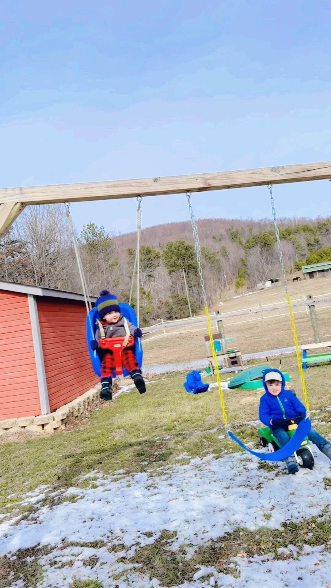 And spent the rest of the afternoon until nap time 💤 playing their little country boy 🚜🪏 hearts out in the ice-y ❄️ winter wonderland in our backyard!!! 🌲 