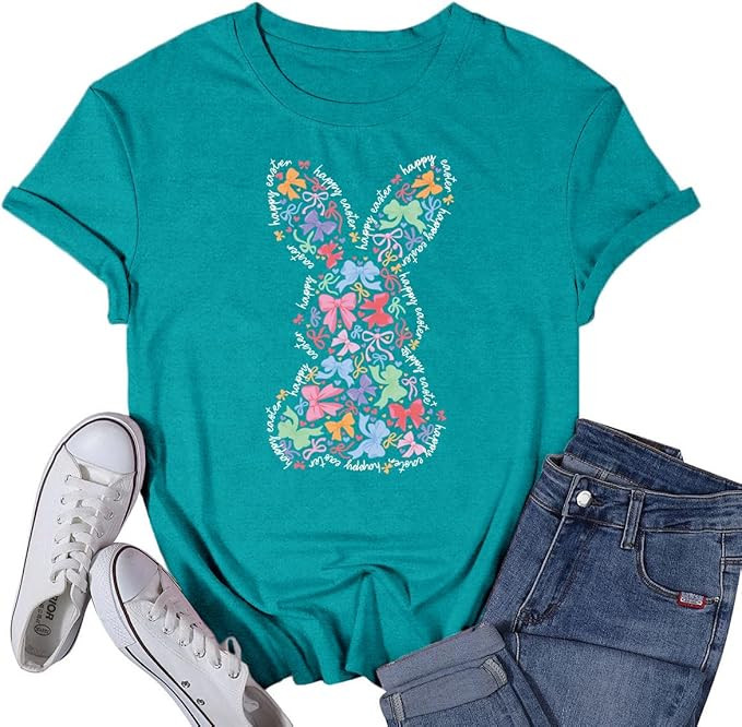 Women's Happy Easter Shirt Easter Day Bunny Bow T-Shirts Christian Rabbit Jesus Tee Tops | Amazon (US)